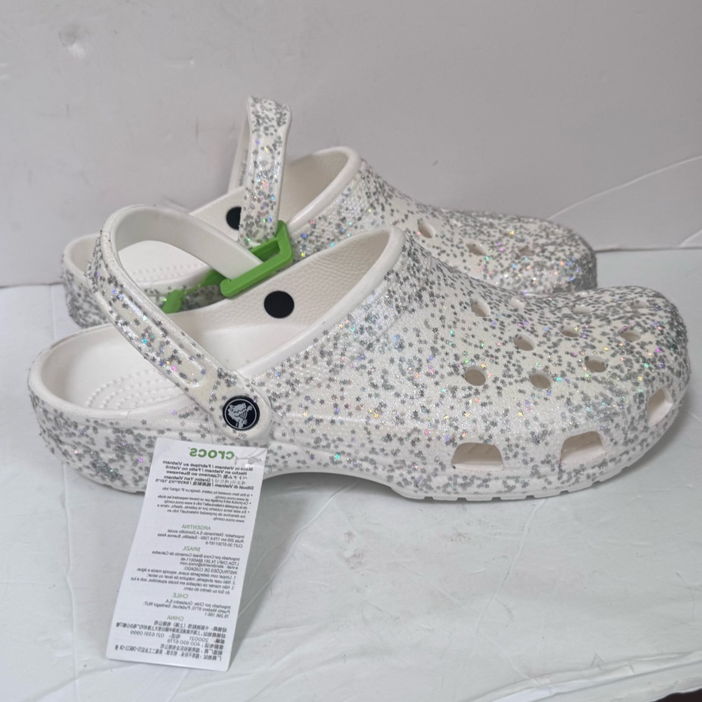 CROCS New Classic Starry Glitter Clogs Comfort Slide Metallic Shoe Mule White 13